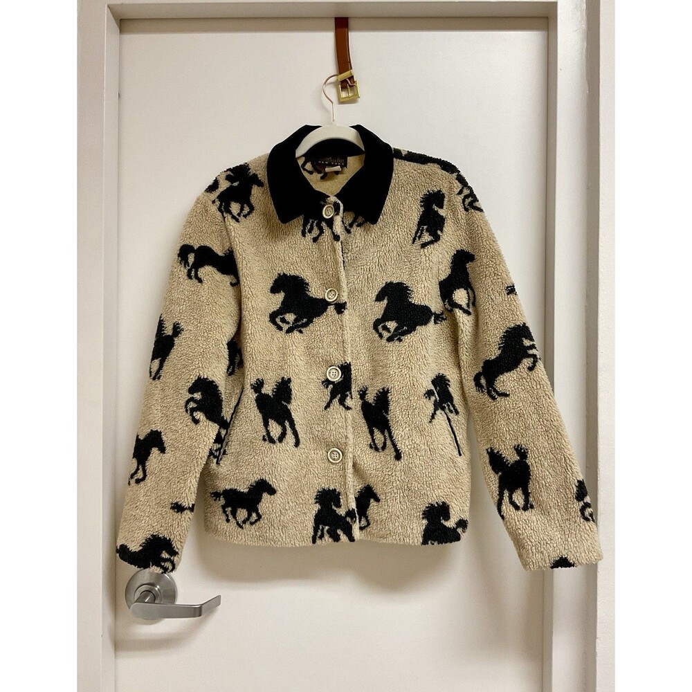 Vintage David Paul New York Fleece Jacket Womens S Beige Horse Print Equestrian
